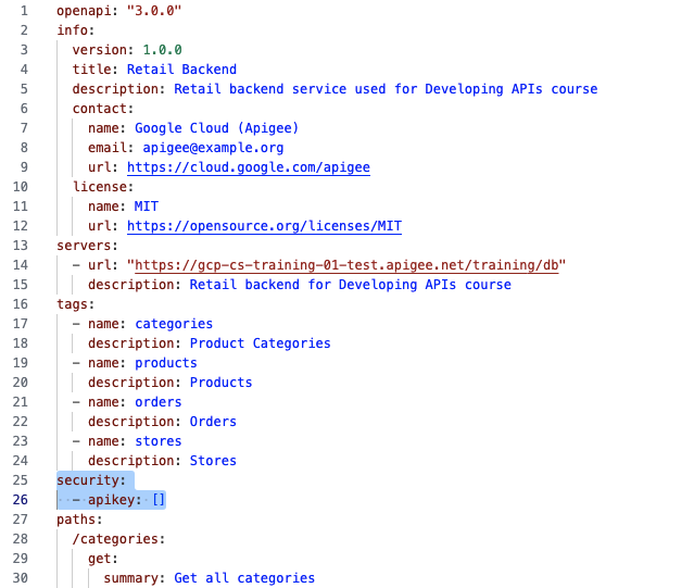 The retail-backend.yaml file which highlights line 25 and 26 as follows. Line 25 is Security:. Line 26 is dash apikey: open square bracket, close square bracket