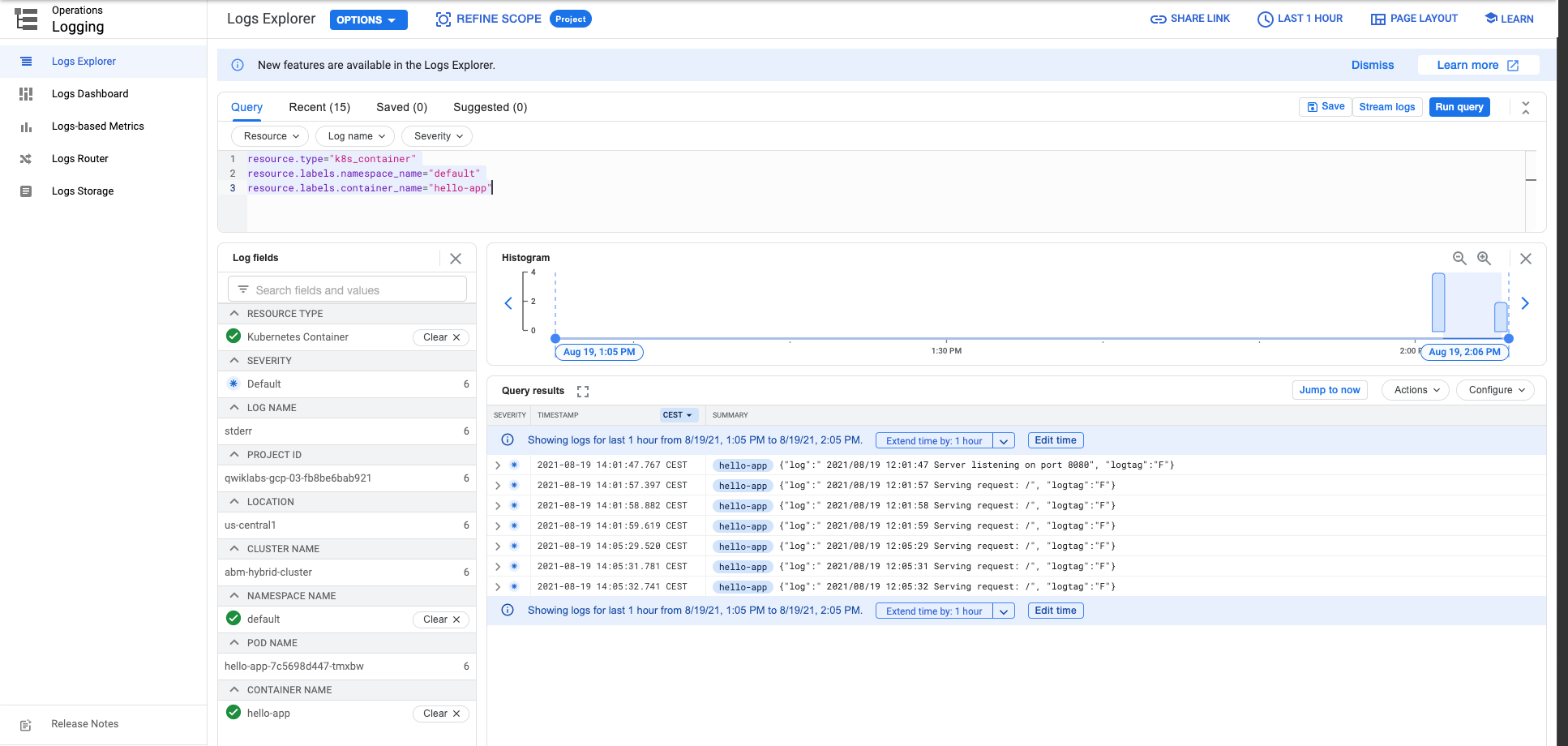Updated Queray tabbed page which lists new logs.