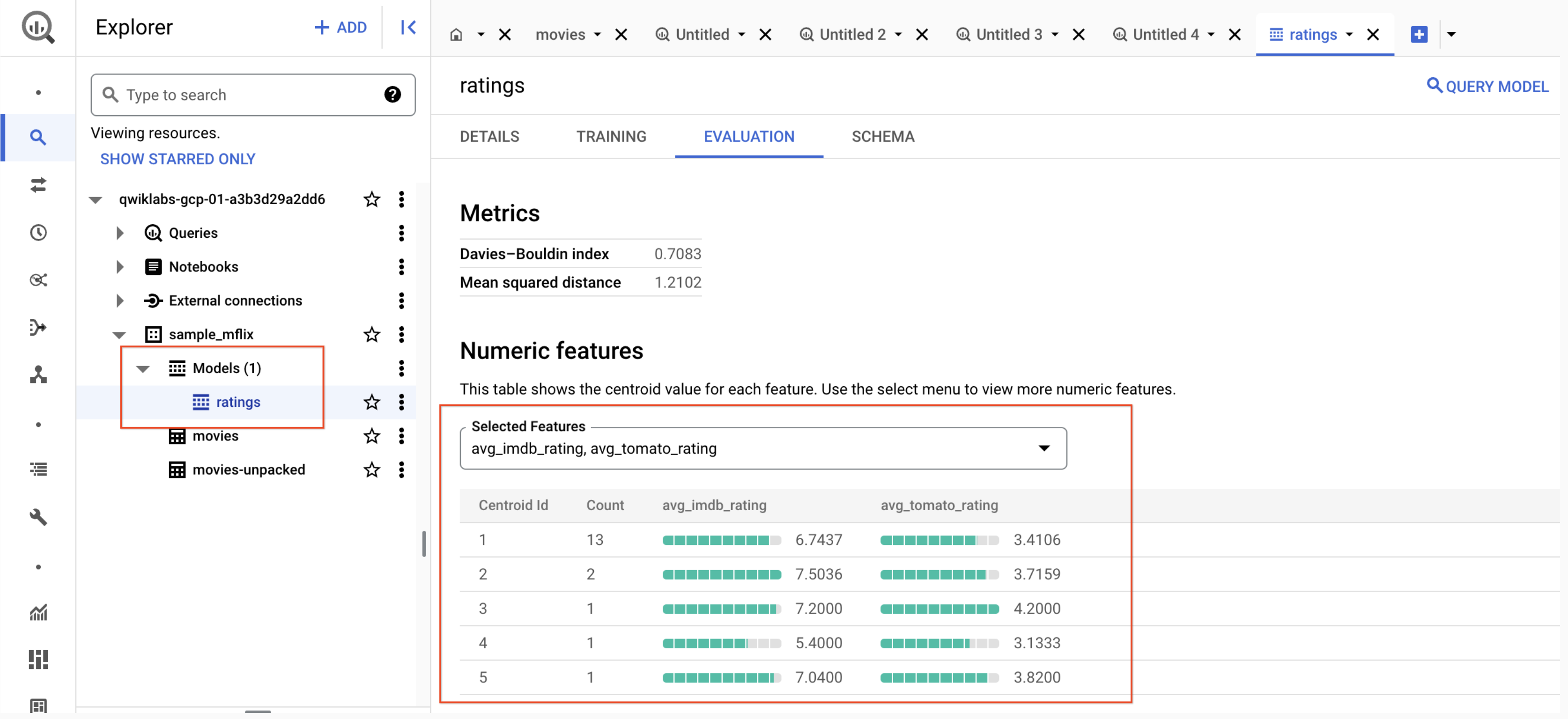 The highlighted Selected features section, which includes five rows of feature data.