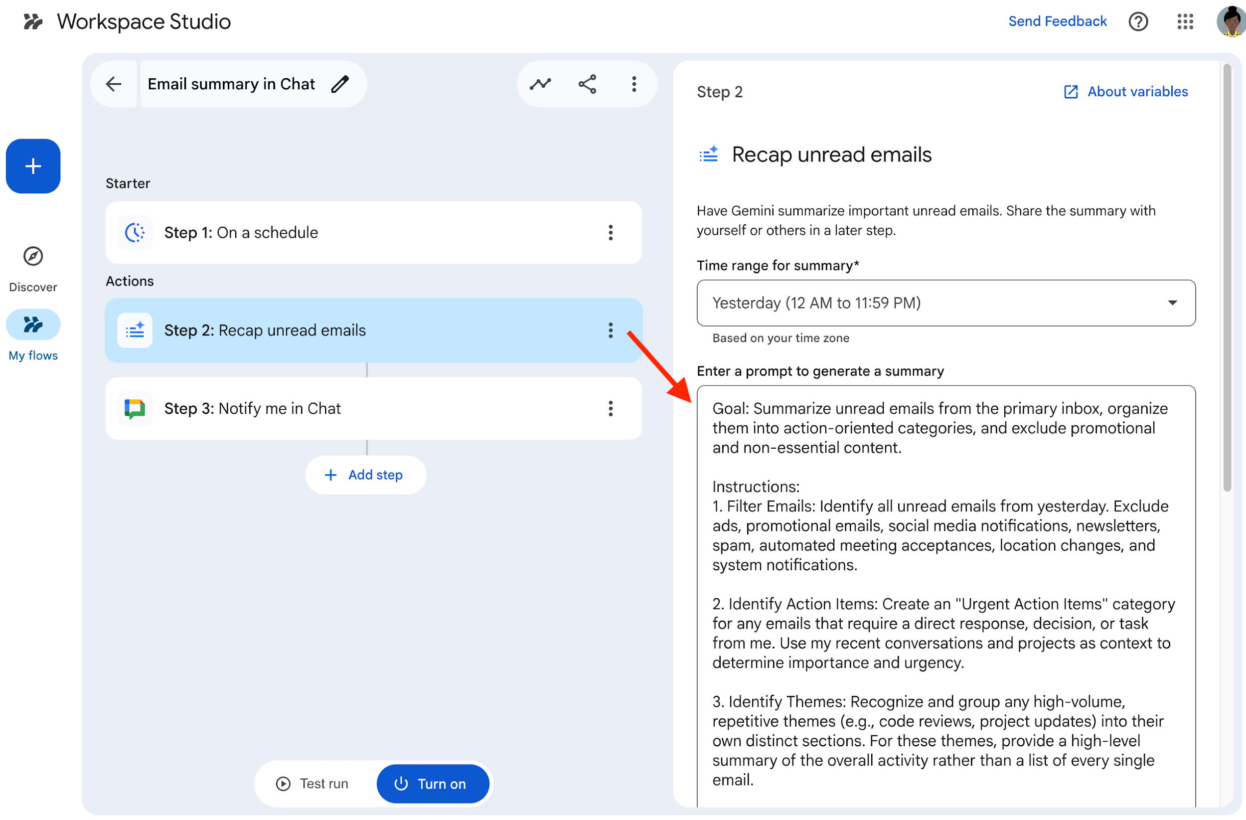 Step 2: Recap unread emails edit box with arrow pointing to Gemini-generated prompt