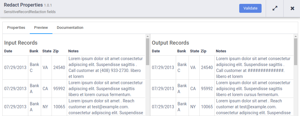 Redact properties output results