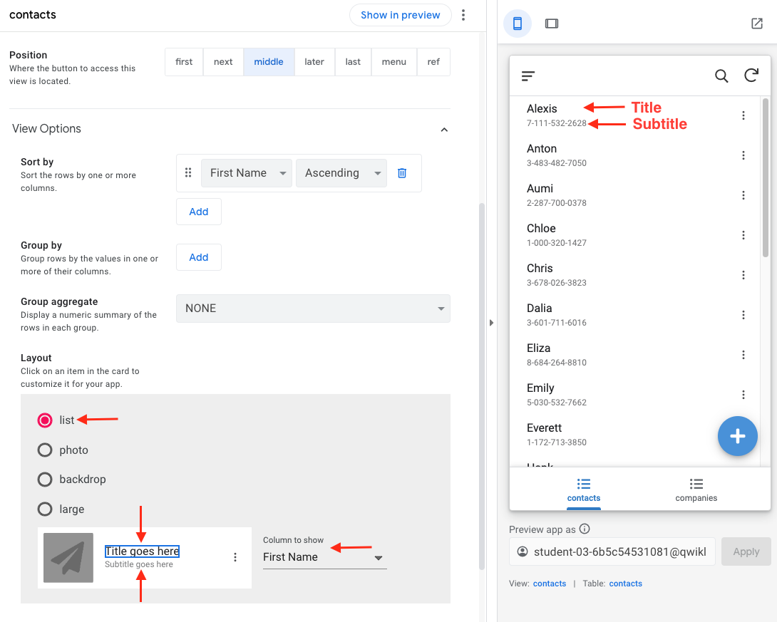 The contacts view list layout