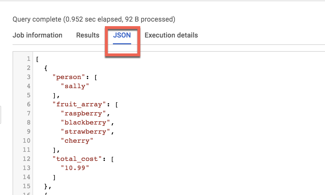 results on the JSON tabbed page