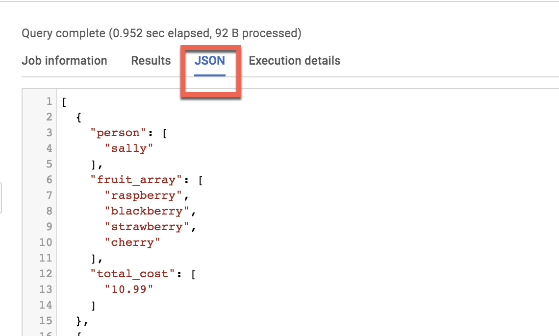 résultats sur la page à onglets JSON