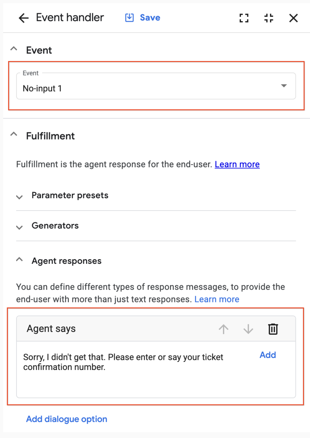 Event handler page with Event handler and Fulfillment options highlighted 