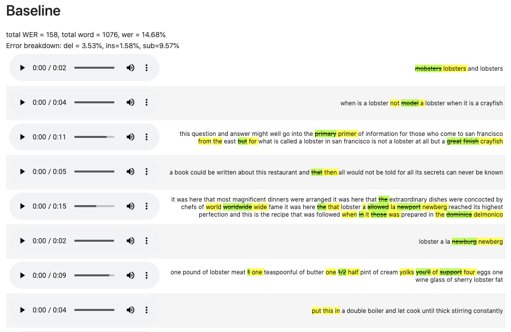 The Baseline page displaying a list of WER calculations