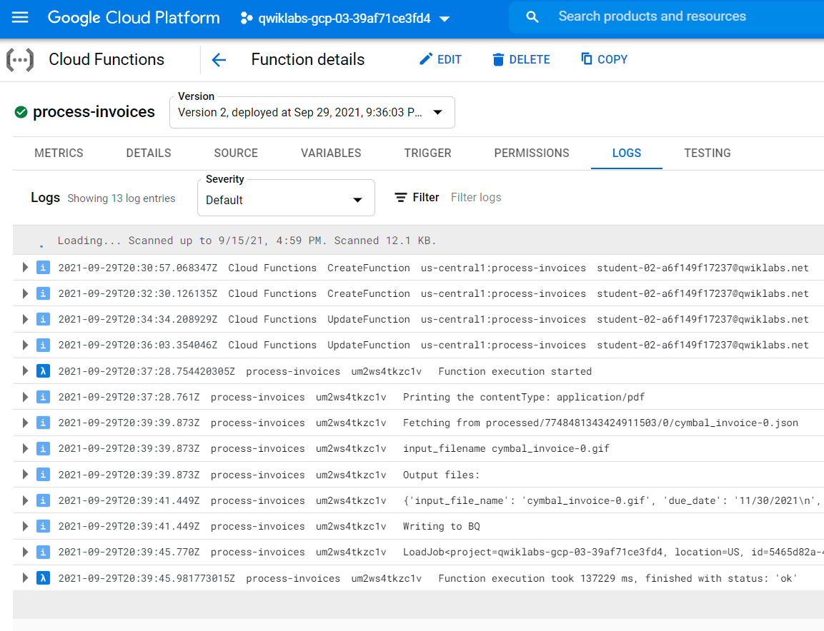 Document AI Cloud Function Events in the Logs section of the Function details page