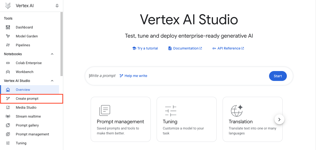 Página de Visão geral do Vertex AI Studio