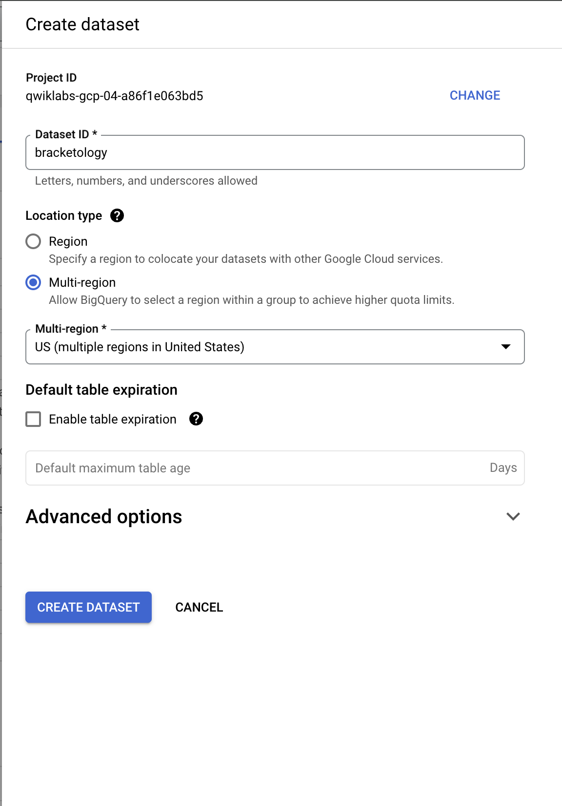 Create dataset dialog box