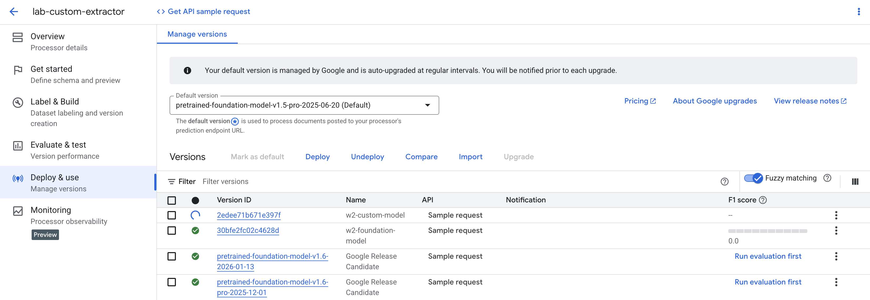view training status of custom processor