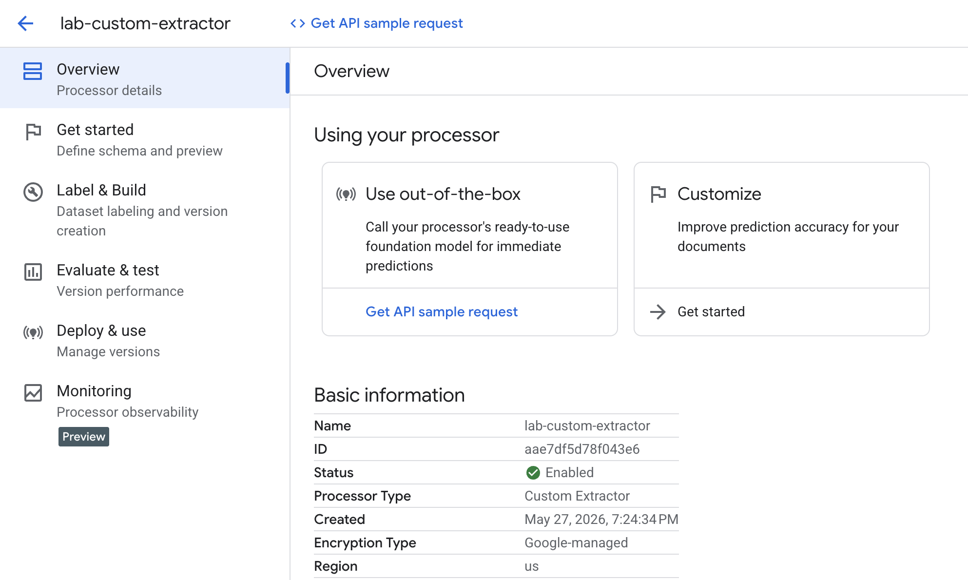 Custom Document Extraction overview page