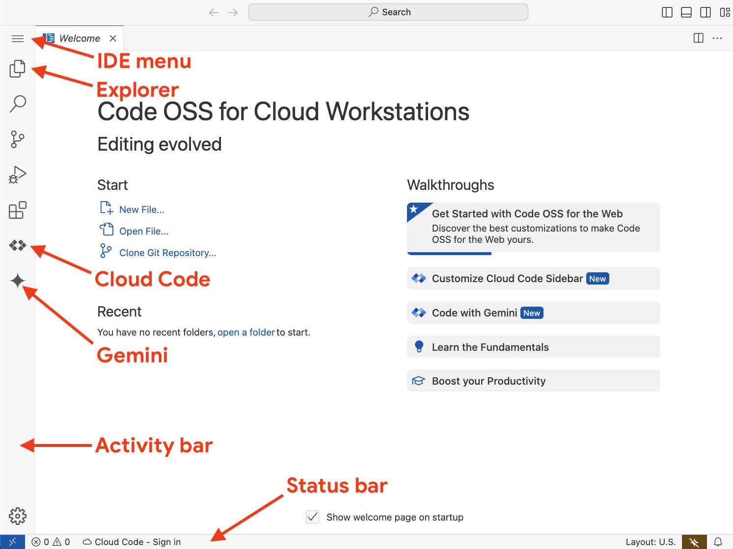OSS IDE with highlighted activity and status bars