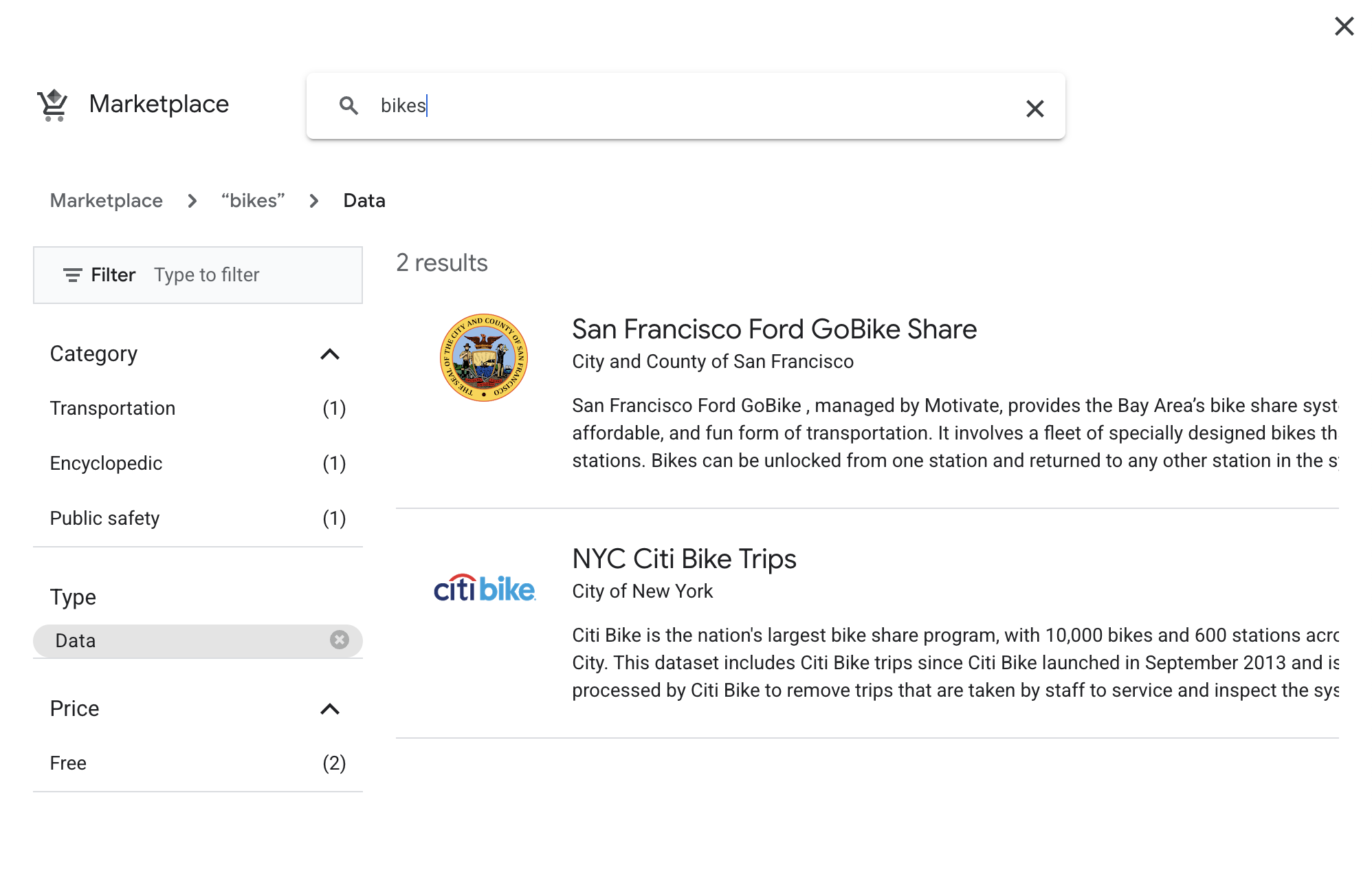 Datasets page displaying search results for the word bike
