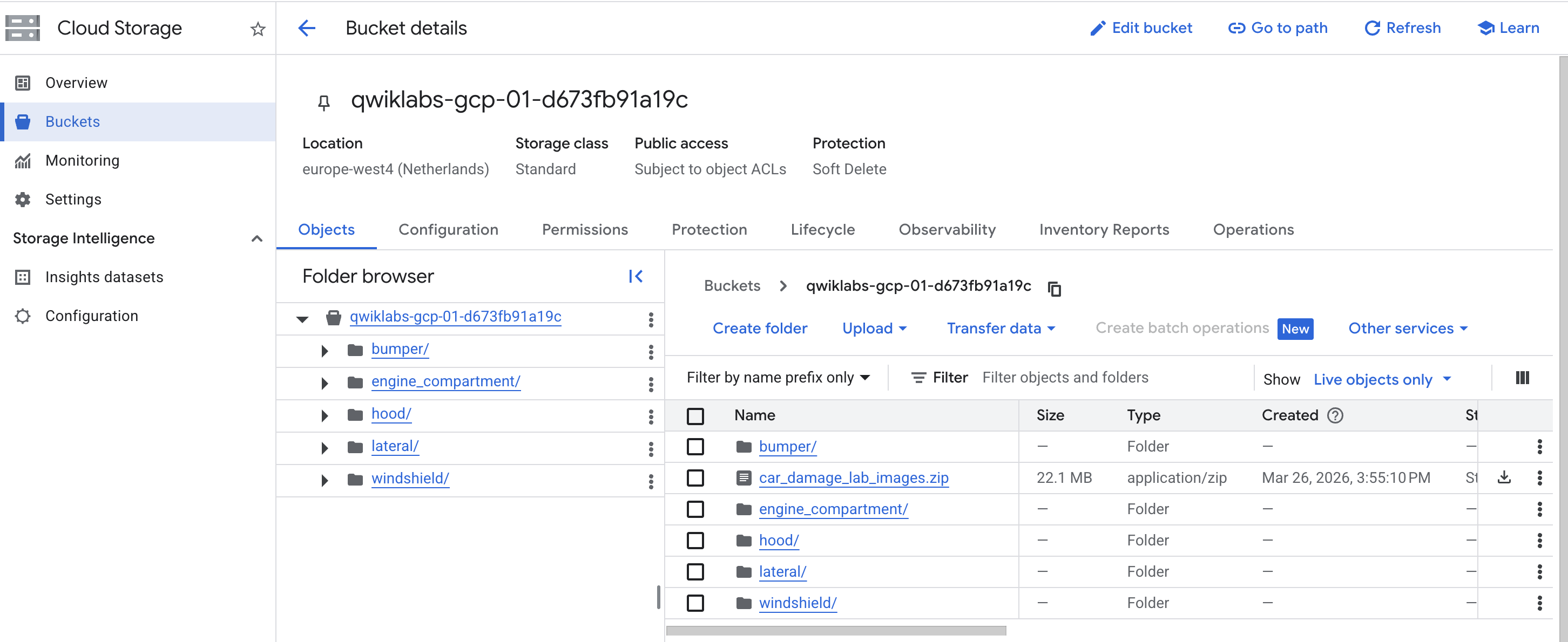 Bucket with folders titled: bumper, engine compartment, hood, lateral, and windshield.