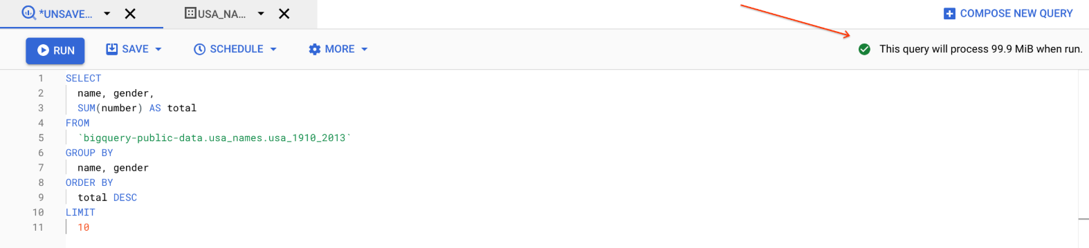The query validator highlighted in the Query editor