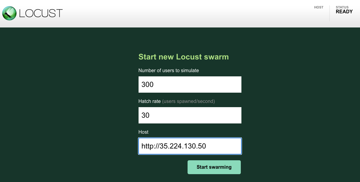 The Start new Locust swarm page displaying the Start swarming button