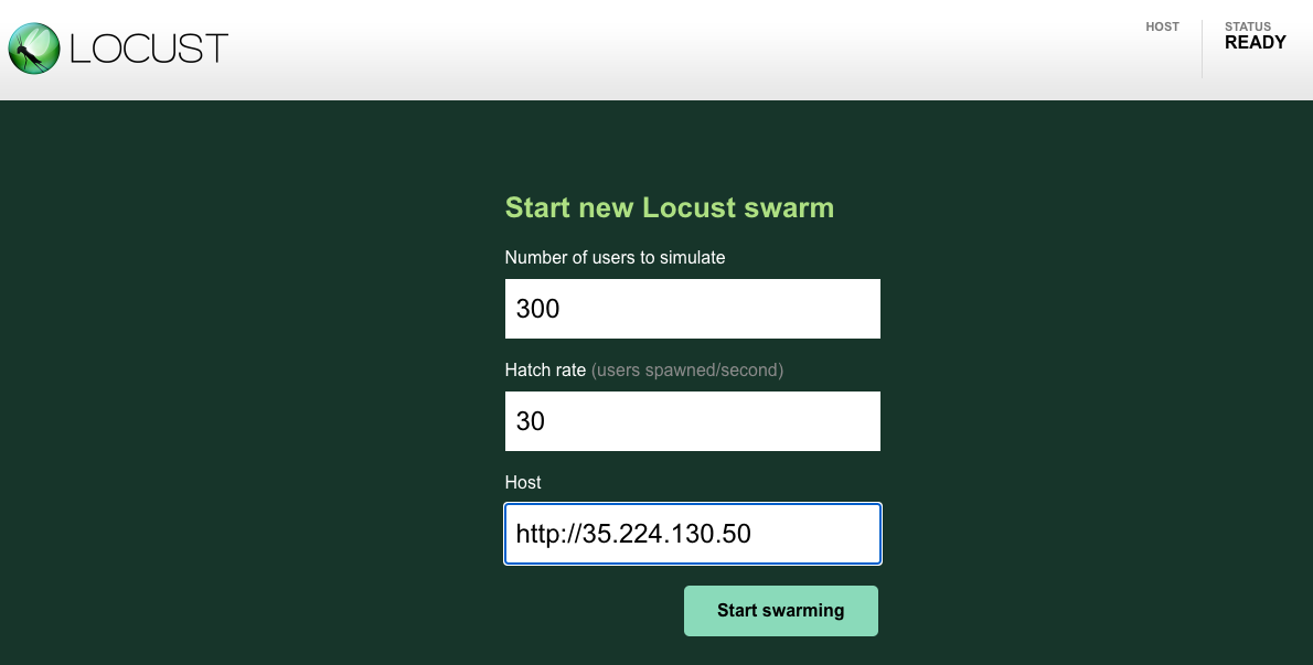 La página Start new Locust swarm muestra el botón Start swarming