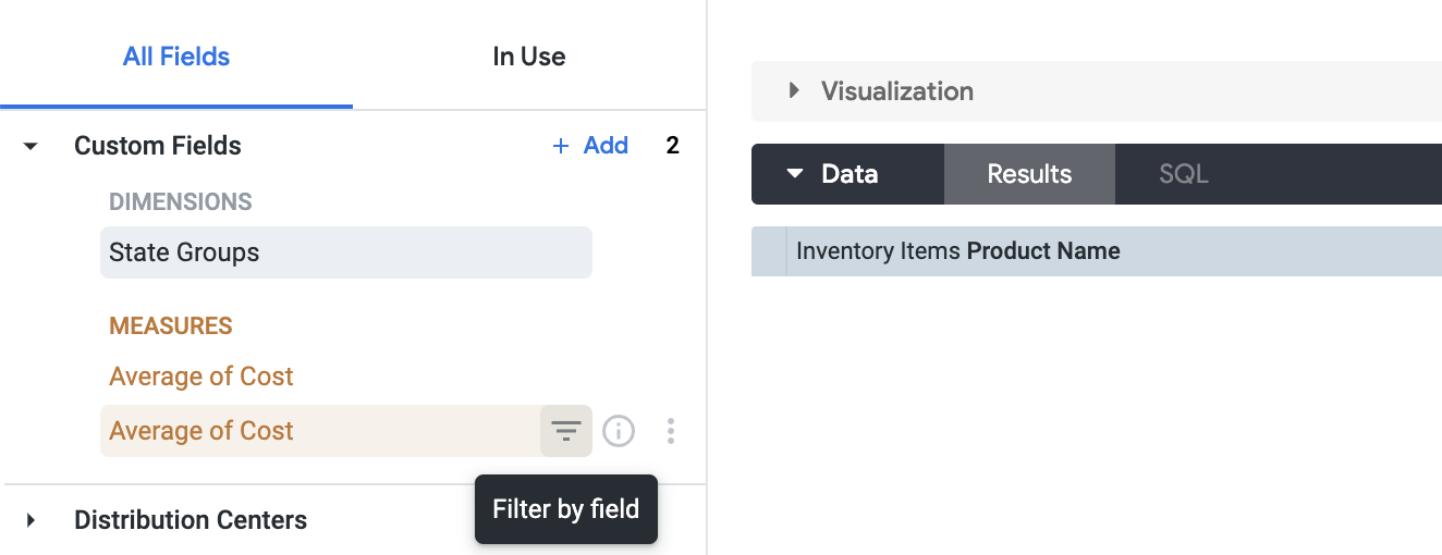Custom Fields section with Filter by field icon highlighted
