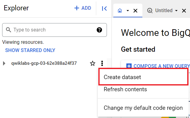 Menú expandido del proyecto, que incluye las opciones Crear conjunto de datos y Actualizar contenido.