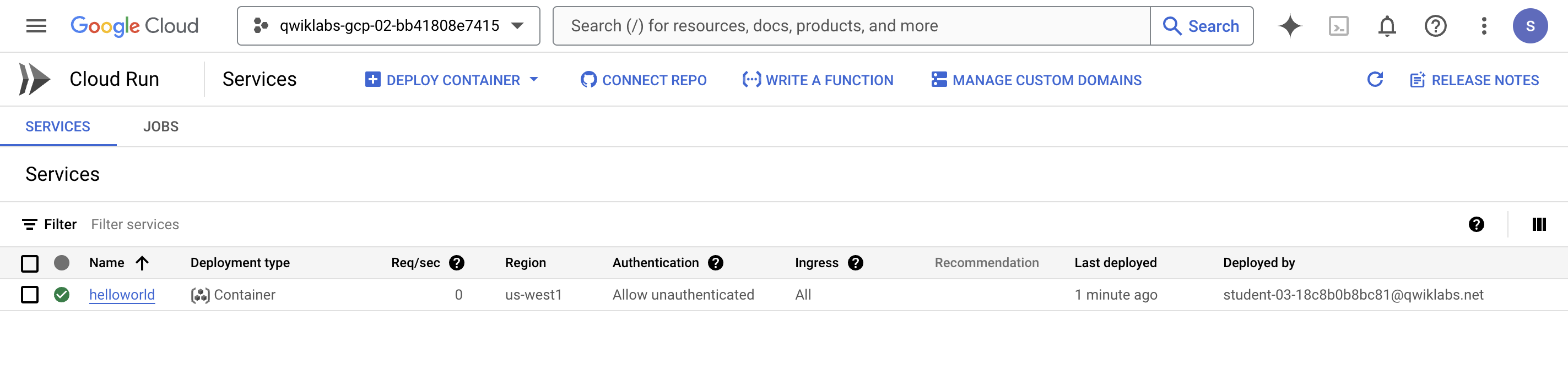 Cloud Run tab displaying the helloworld service