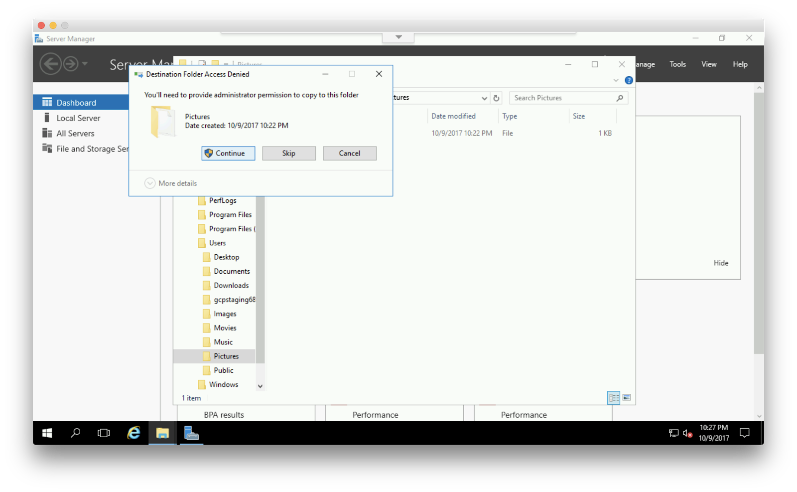 Screenshot des Datei-Explorers mit dem Pop-up „You'll need to provide administrator permission to copy to this folder.“ mit den Optionsschaltflächen „Continue“, „Skip“ oder „Cancel“.