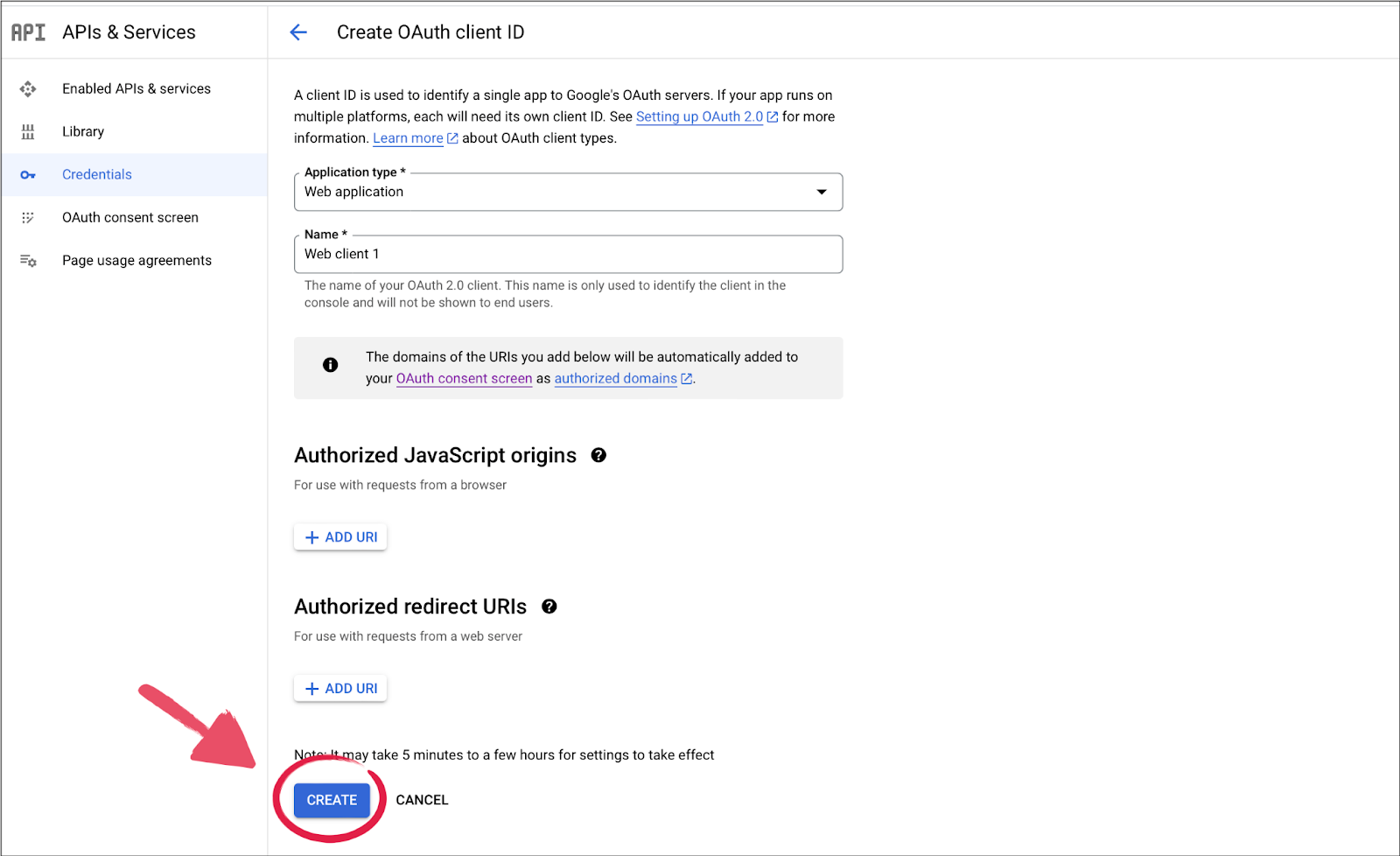 Create button for OAuth client ID