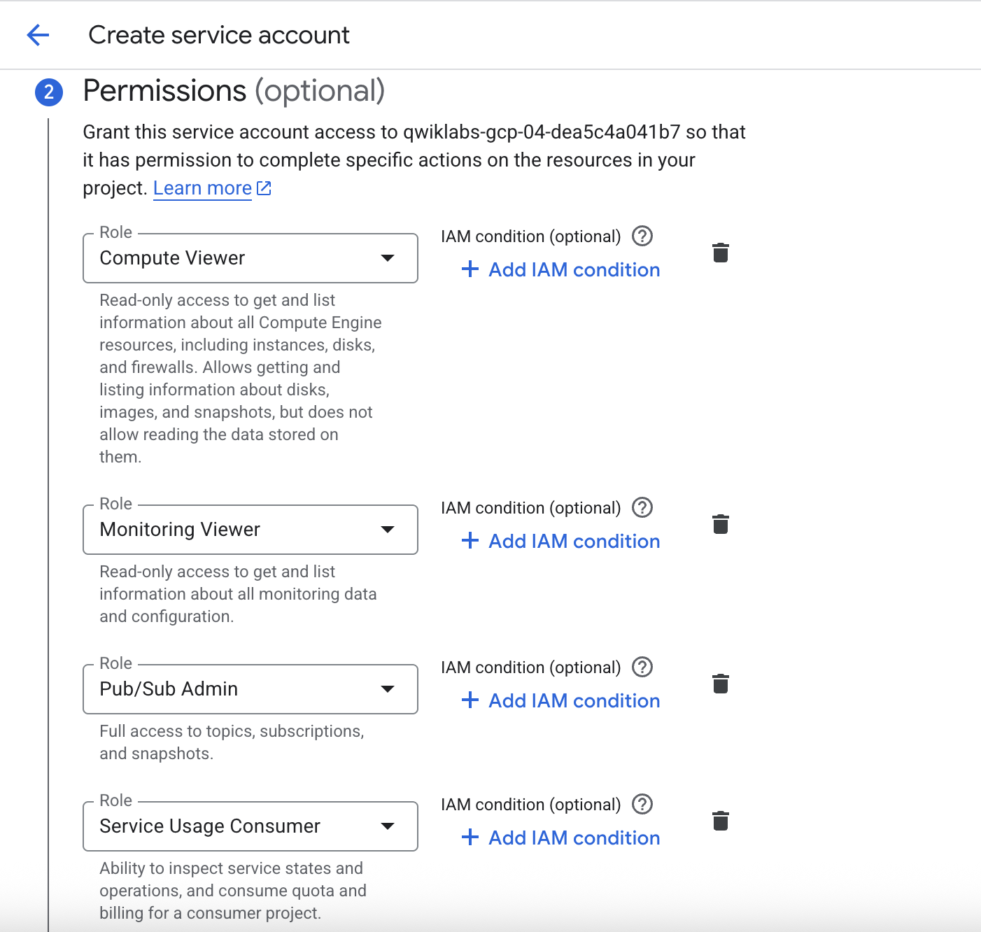 The step two, Grant this service account access to project (optional), section