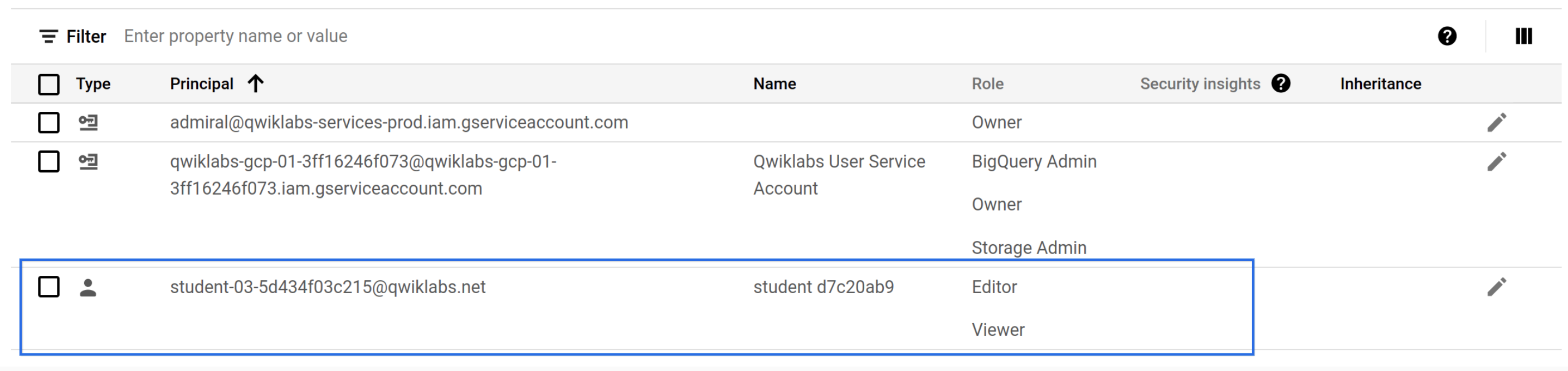 Lista de contas com seu nome de usuário em destaque