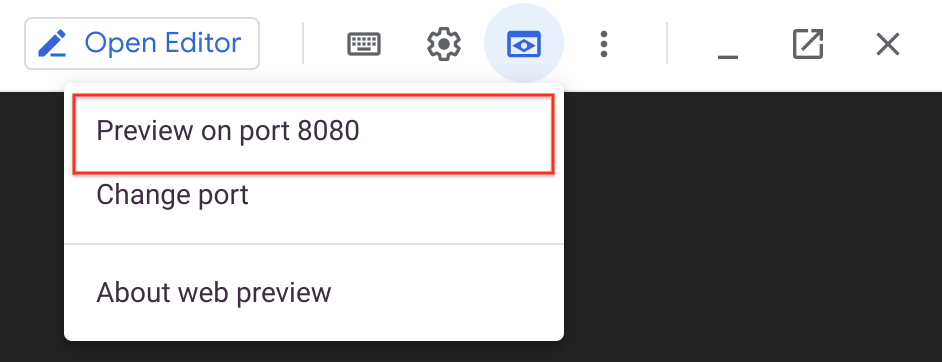 Expanded Web preview dropdown menu with Preview on port 8080 option highlighted