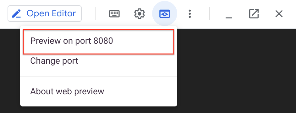 Menu déroulant &quot;Aperçu sur le Web&quot; développé avec l&#39;option &quot;Prévisualiser sur le port 8080&quot; mise en évidence