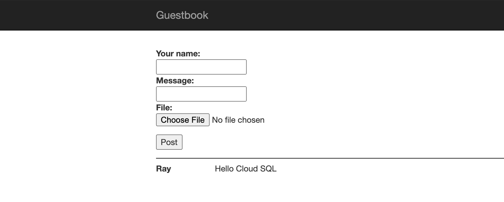 The Guestbook page displaying Hello Cloud SQL message from Ray