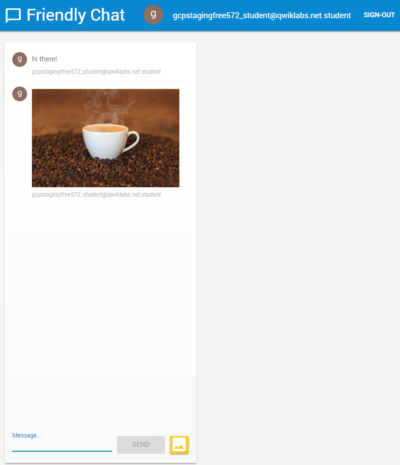 Friendly chat application displaying an image of a coffee cup