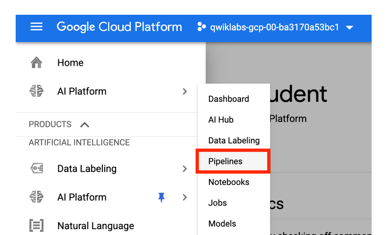 The highlighted navigation path to the Pipelines option.