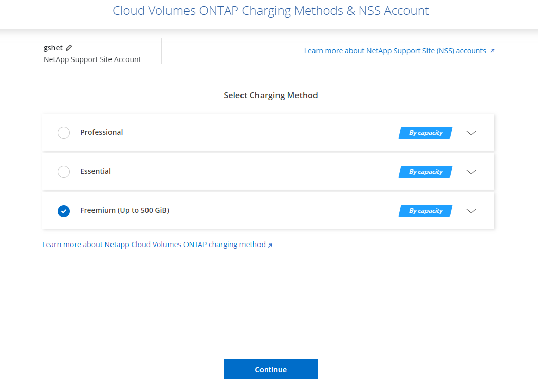 The Cloud Volumes ONTAP Charging Methods and NSS Account page