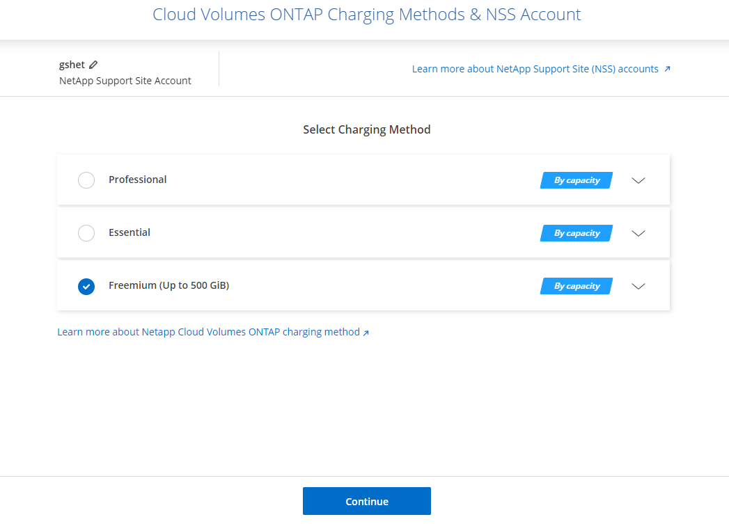 The Cloud Volumes Ontap Charging Methods and NSS Account section