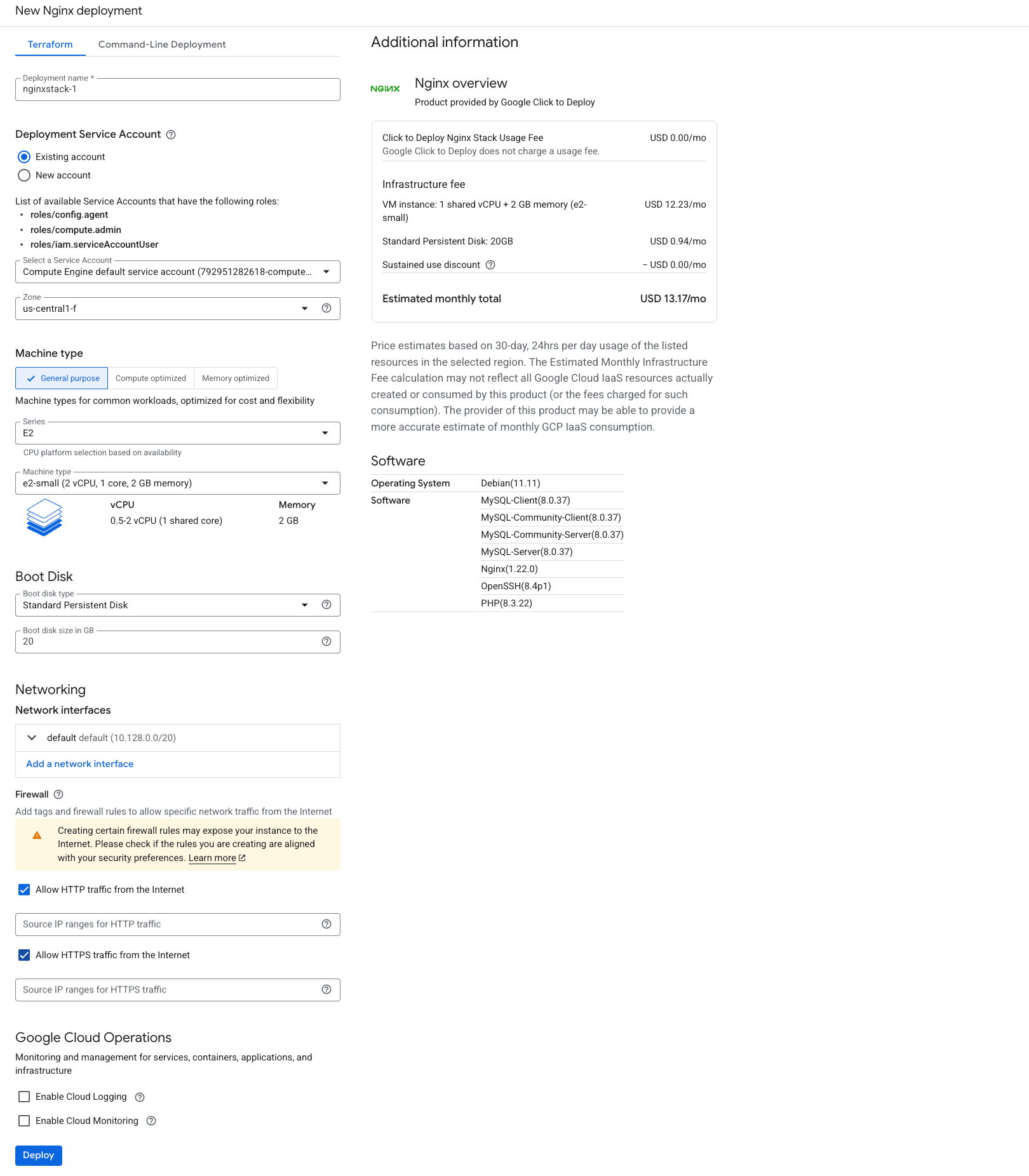 The new Nginx Stack, which includes information about its networking, boot disk, and firewall, along with a Deploy button.