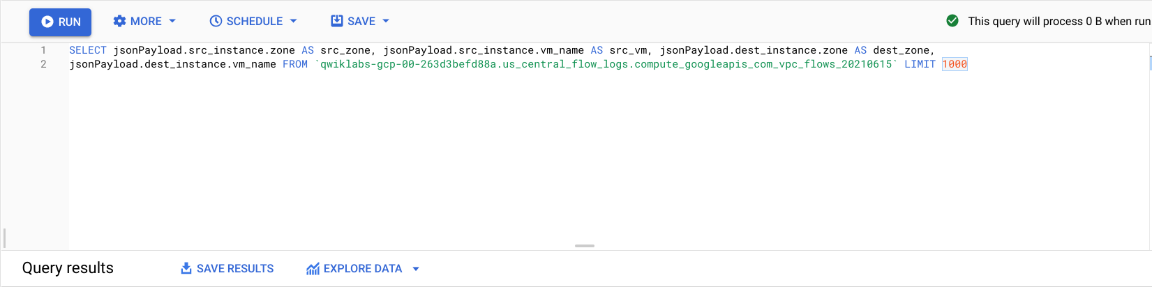 Resultados de la consulta mostrados en el Editor de BigQuery, junto con las opciones Guardar, Más y Programar.