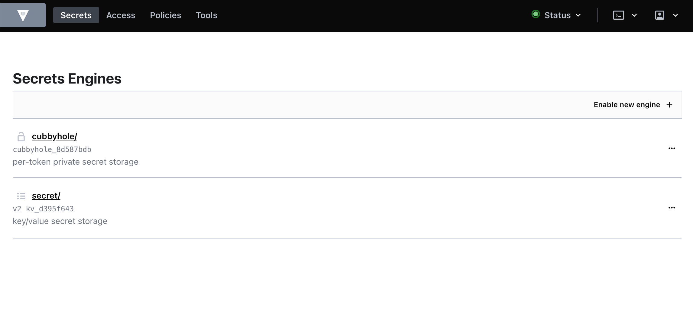 Secret Engines page, which includes the cubbyhole/ and secret/ listed, along with an Enable new engine button.