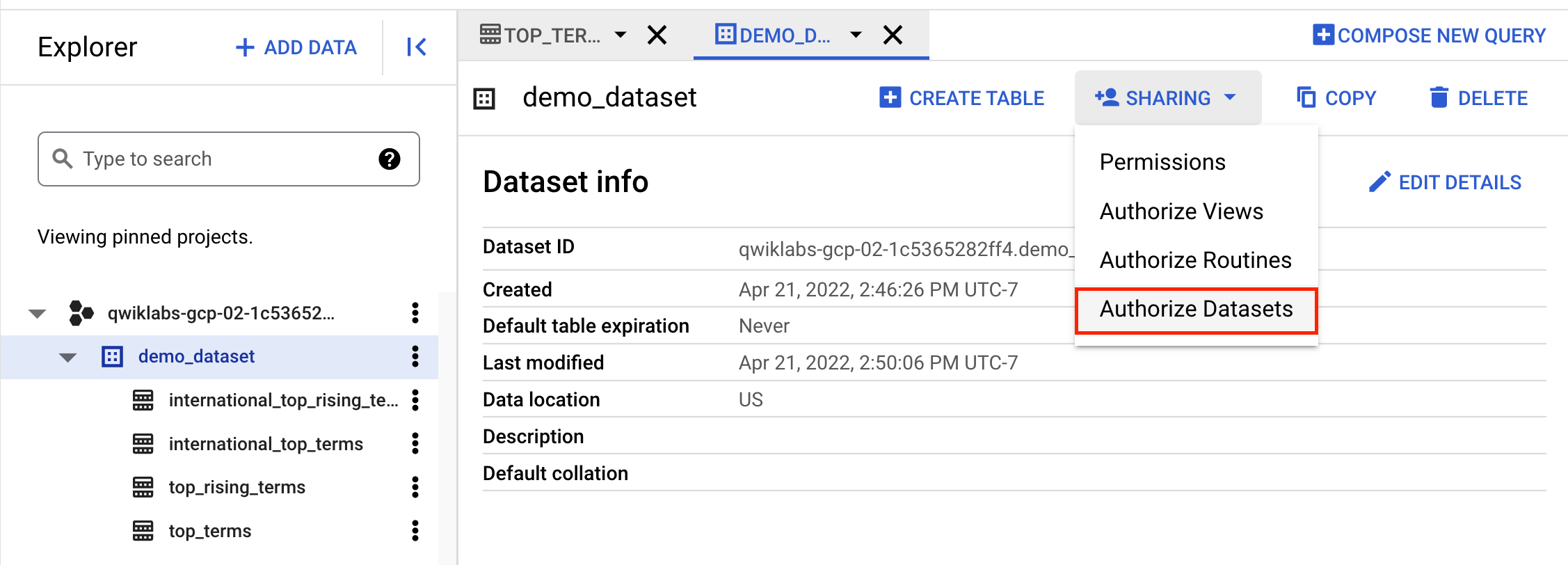 authorize datasets