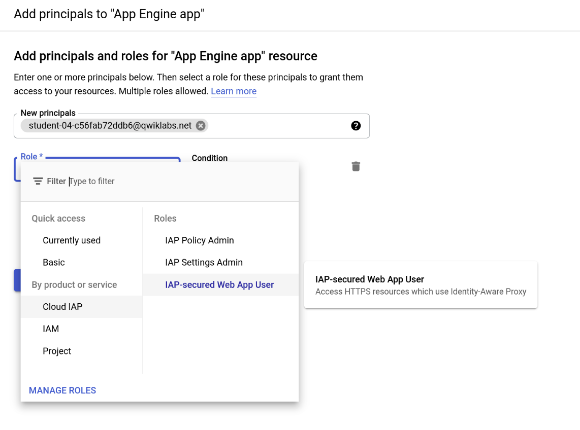 The Filter drop-down menu, which includes options listed under the Quick access, By product or service, and Roles categories.