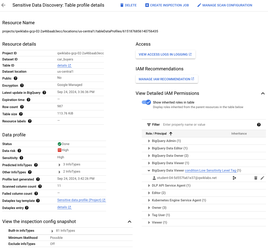 Sensitive Data Discovery: Table profile details