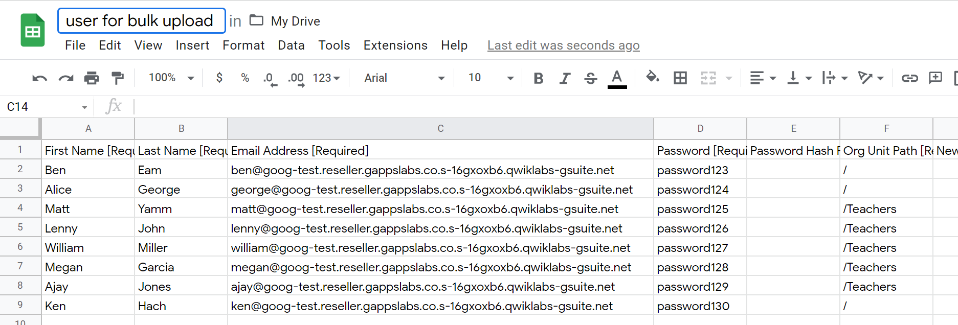 Sample of a spreadsheet with list of users and the field required for a batch add users