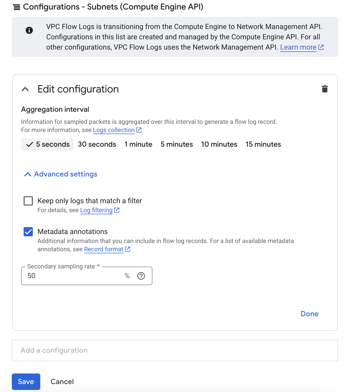 Configure flow logs page with several fields displayed.