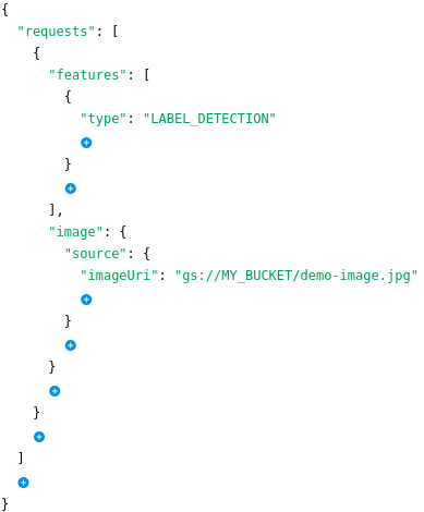 The Request body field, which includes the type: LABEL_DETECTION.