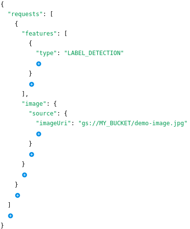 [type] に [LABEL_DETECTION] を指定した記述を含む [Request body] フィールド