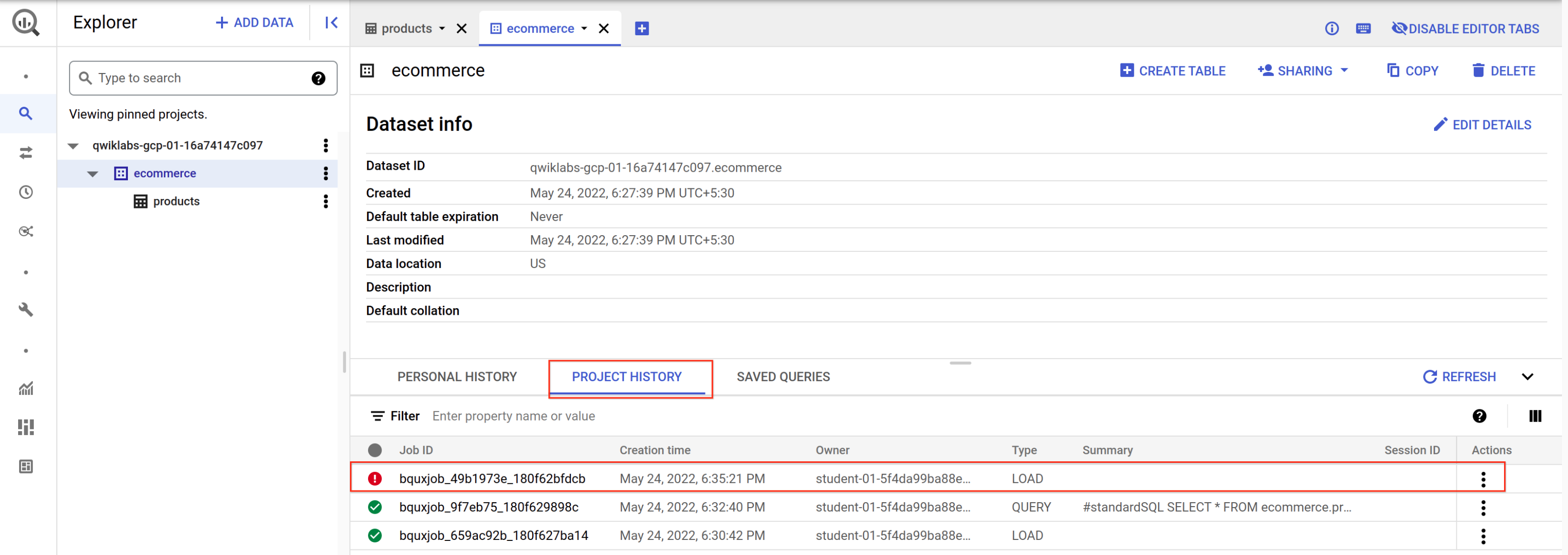 The Project history tab reflecting the highlighted error message