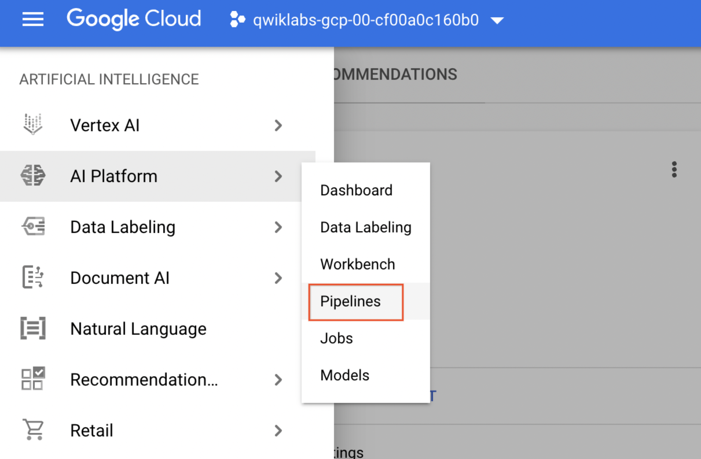 [AI Platform] サブメニューでハイライト表示された [パイプライン] オプション