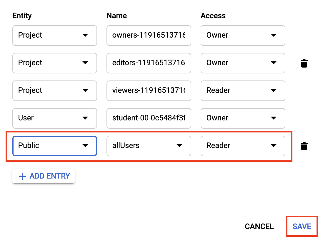 Entity, Name and Access fields of newly added entry highlighted