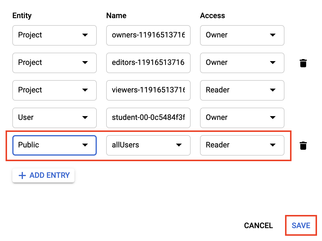 Os campos Entity, Name e Access da entrada recentemente adicionada destacados