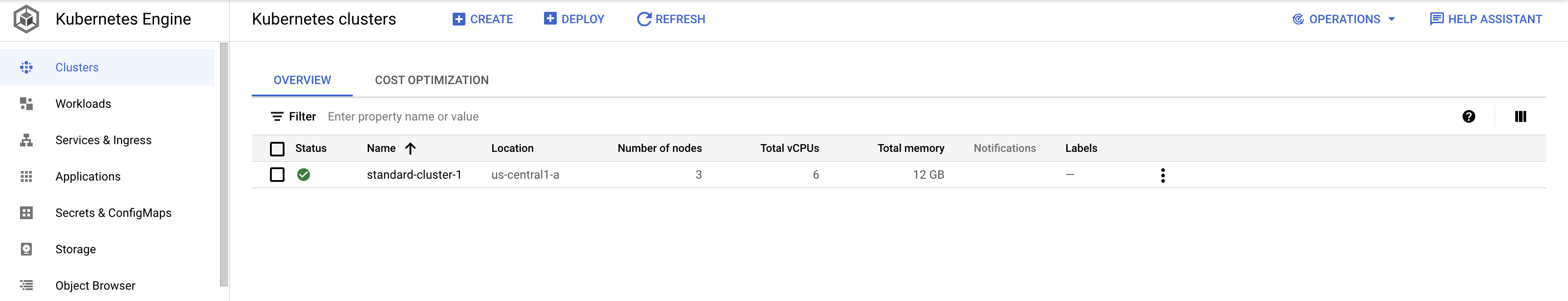 standard-cluster-1 のロケーション、クラスタサイズ、合計コア数、合計メモリなどの詳細が表示された Kubernetes クラスタページ